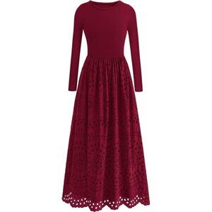 WomenCrewneck A-Line Maxi Dress Wine Red